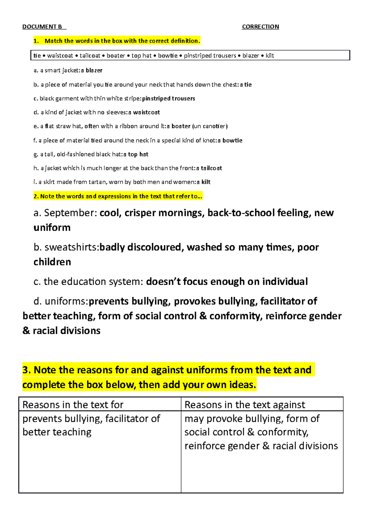 Correction Worksheet Doc B And C - DOCUMENT B CORRECTION 1. Match The ...