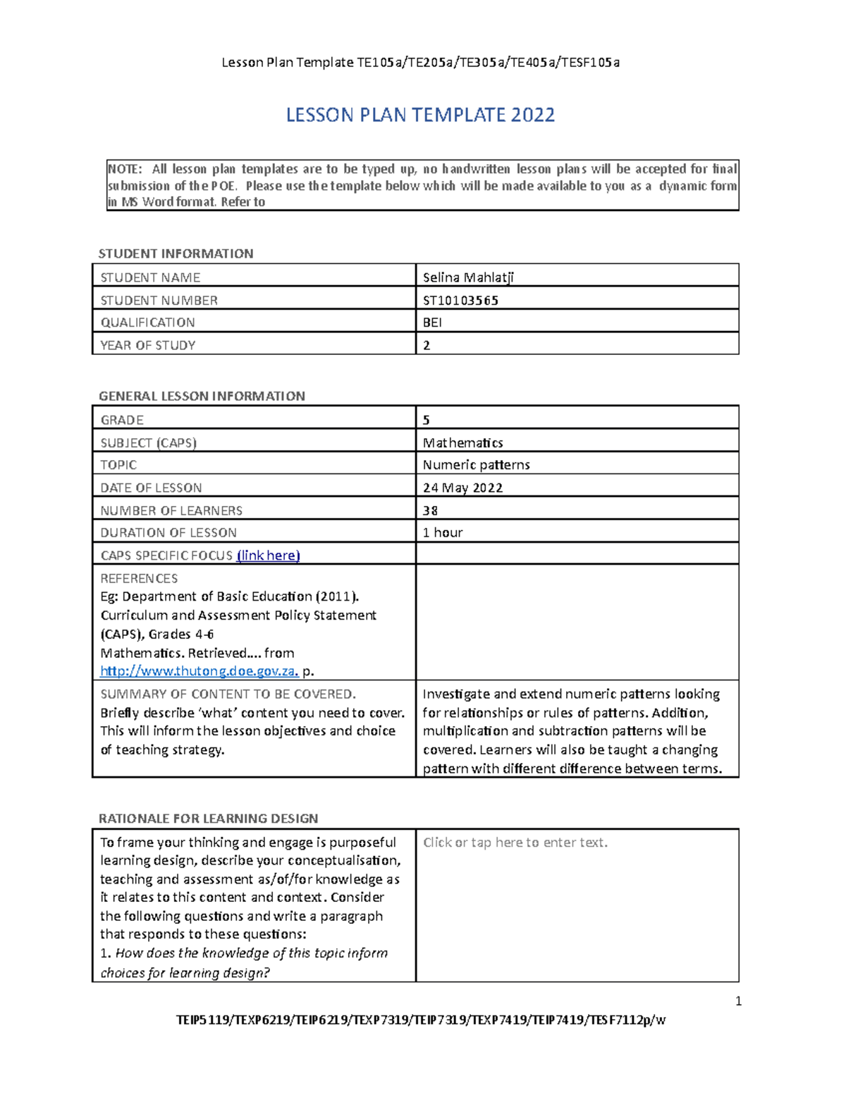 Group DD Numeric Pattern Lesson PLAN - LESSON PLAN TEMPLATE 2022 NOTE ...