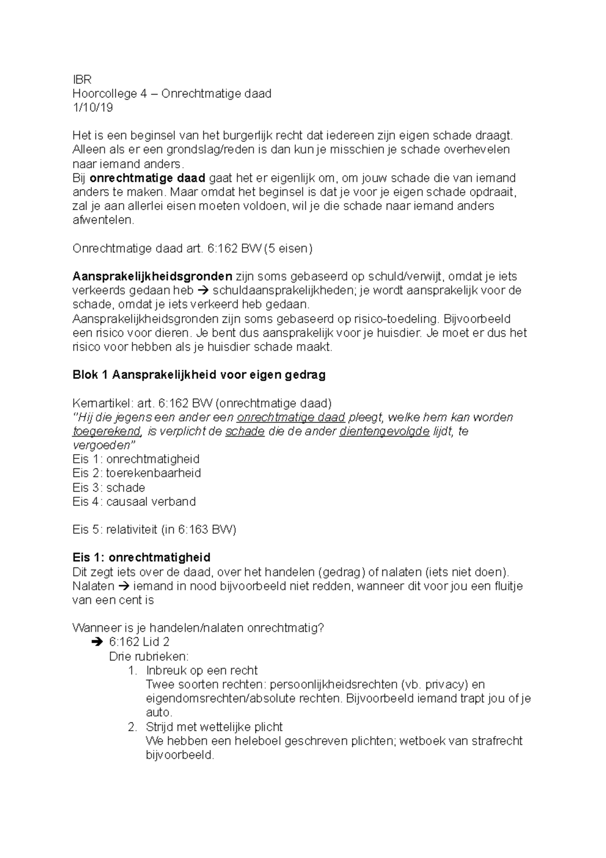 Burgerlijk Recht Hc4 IBR Hoorcollege 4 Onrechtmatige Daad 1 10 Het 