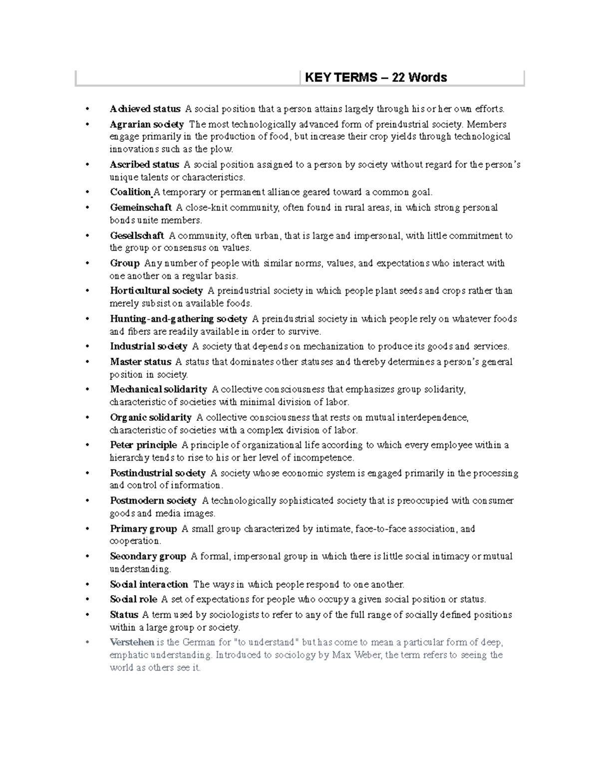 A KEY Terms CH 5 KEY TERMS 22 Words Achieved status A social