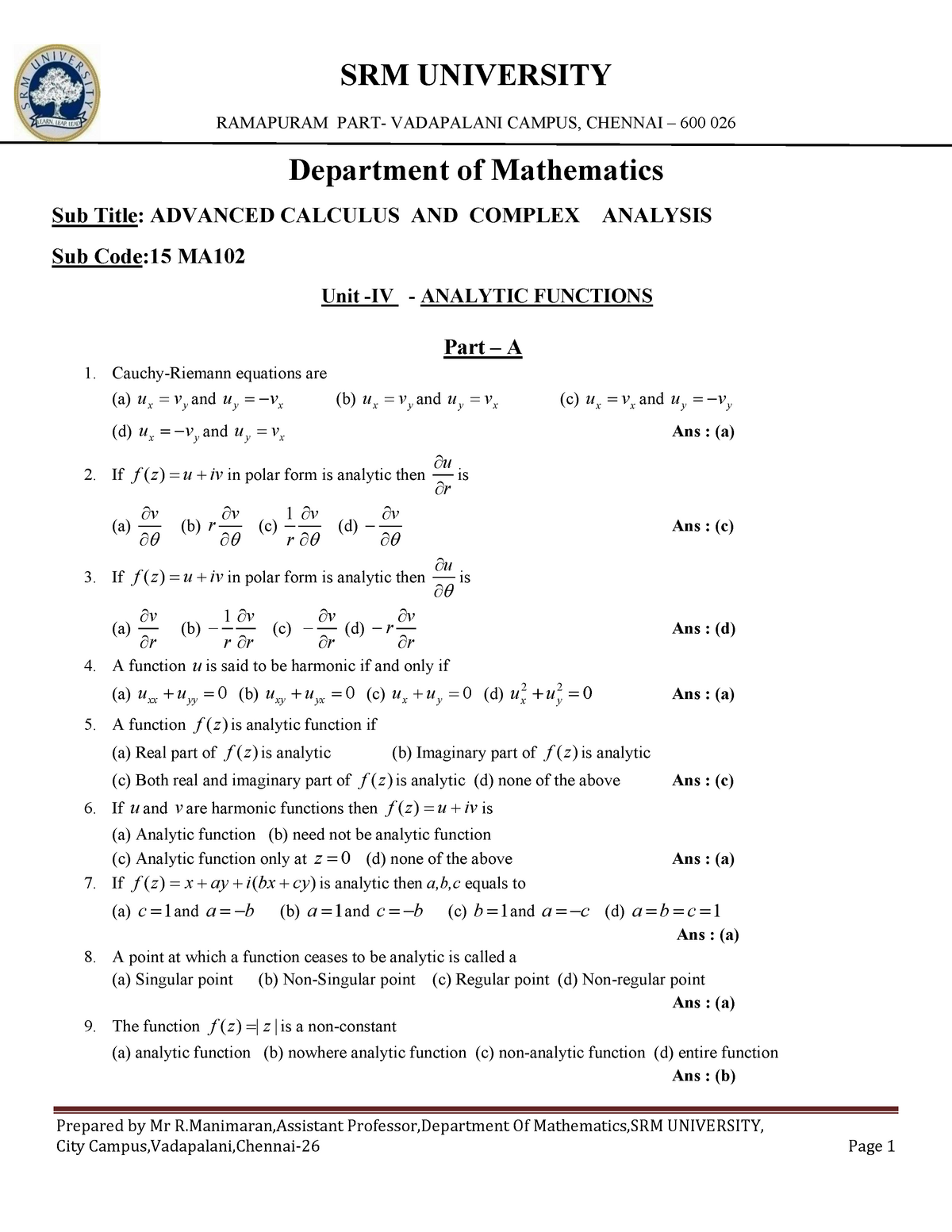 Analytic Functions Mcq Notes Prepared By Mr R Manimaran Assistant Professor Department Studocu