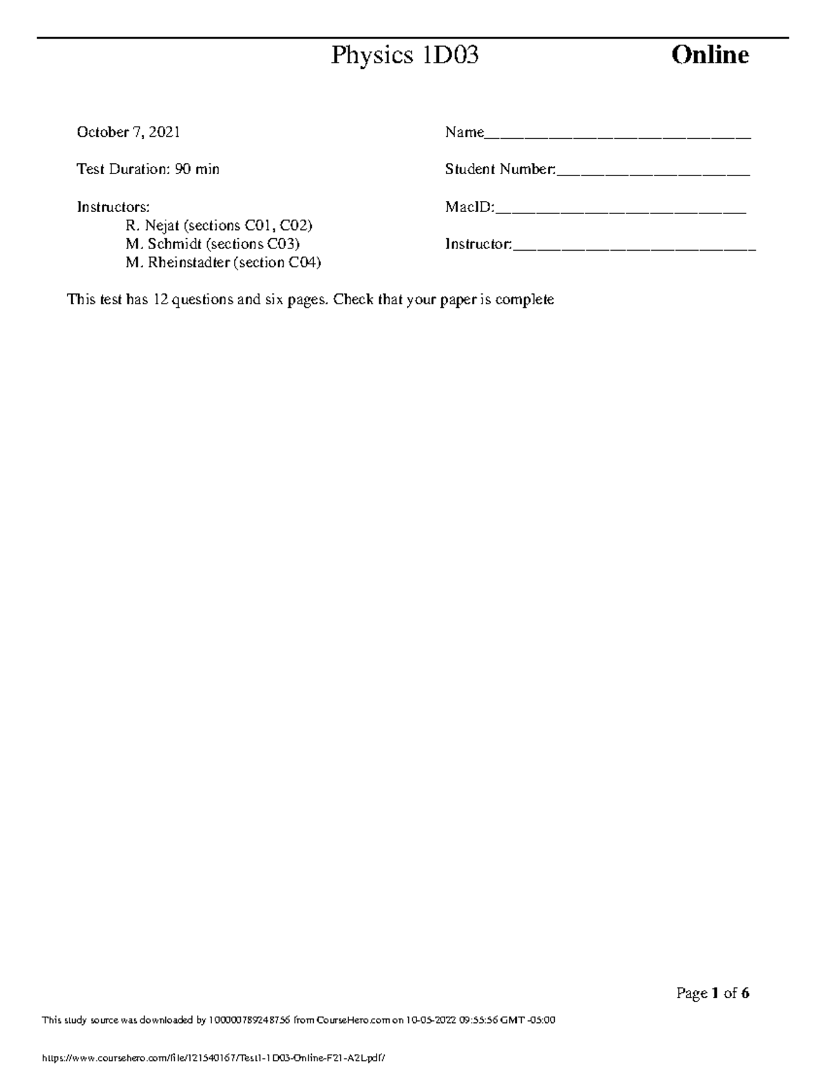 Test1 1D03 Online F21 A2L.pdf - Page 1 of 6 Physics 1D03 Online October ...