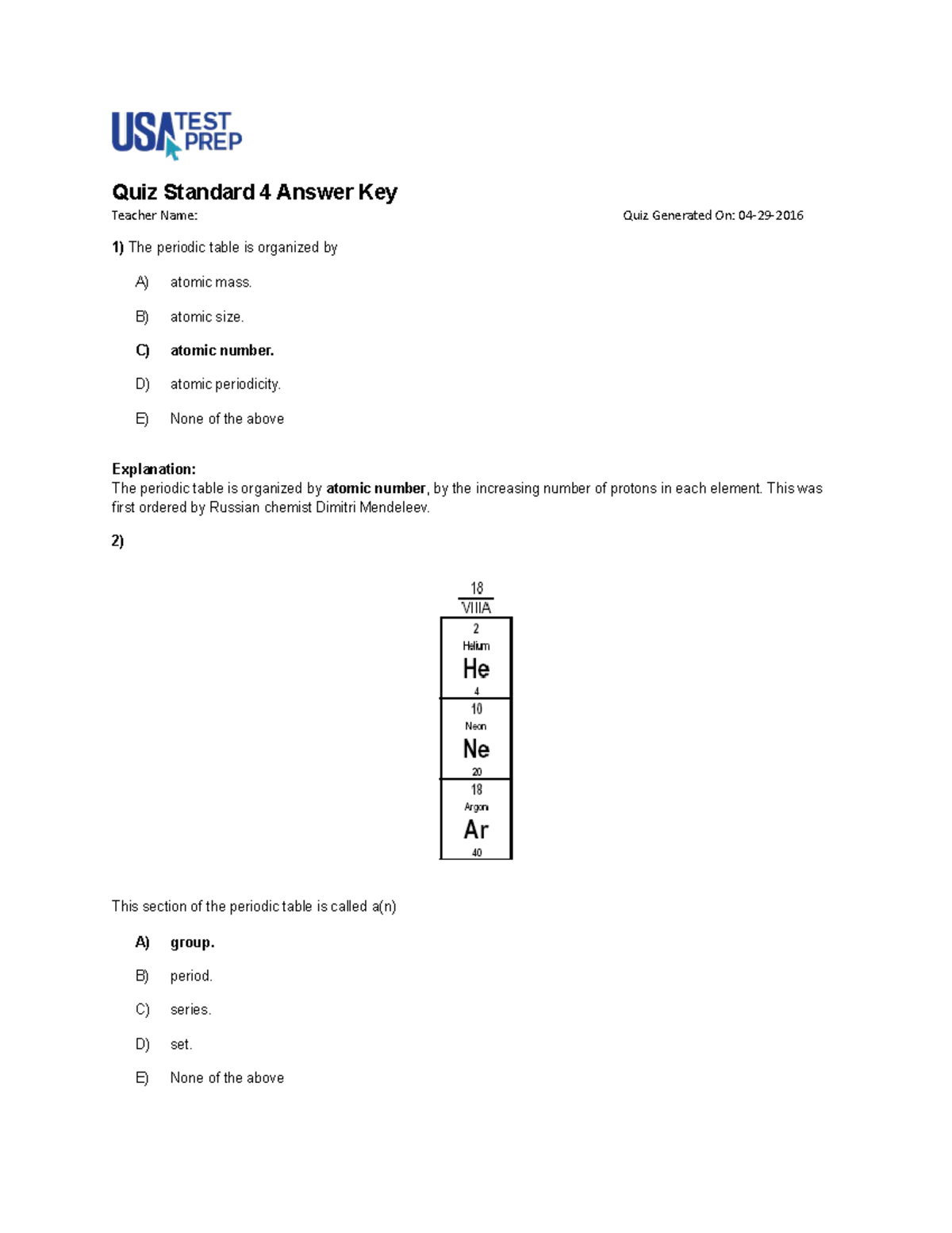 Standards 4 5 6 answer key Quiz Standard 4 Answer Key Teacher Name