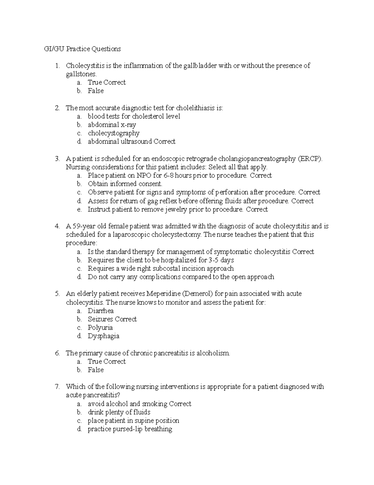 GI.GU Practice Questions KEY - GI/GU Practice Questions Cholecystitis ...