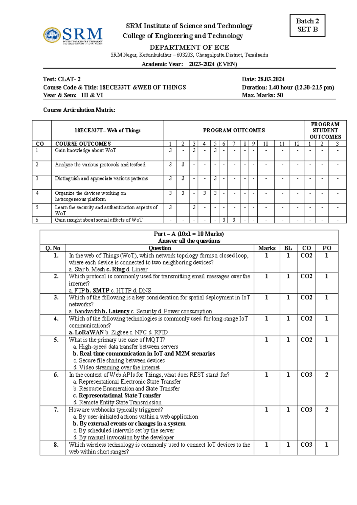 Ct2 answer key Set B - SRM Institute of Science and Technology College ...