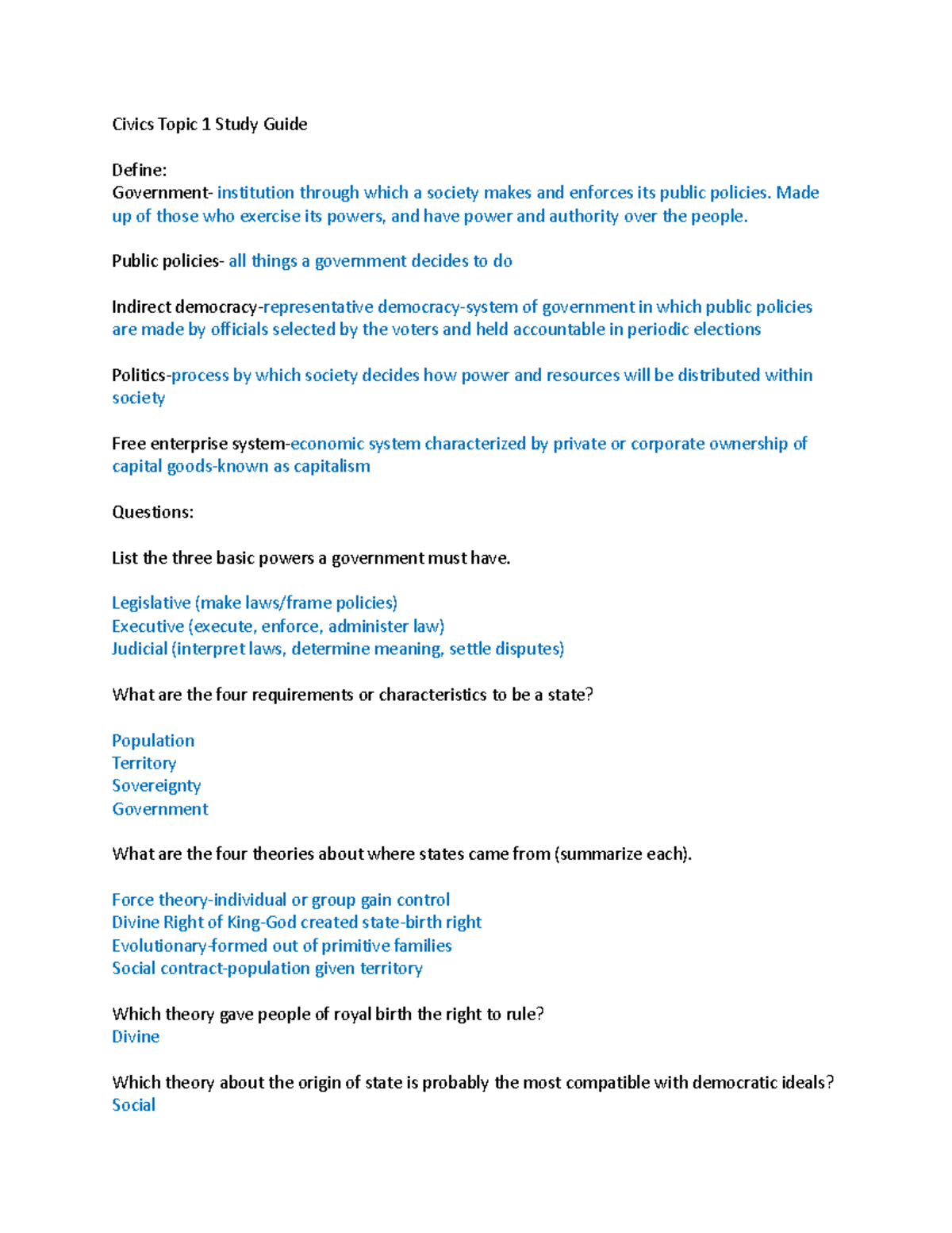 Civics Topic 1 Study Guide Answers Civics Topic 1 Study Guide Define