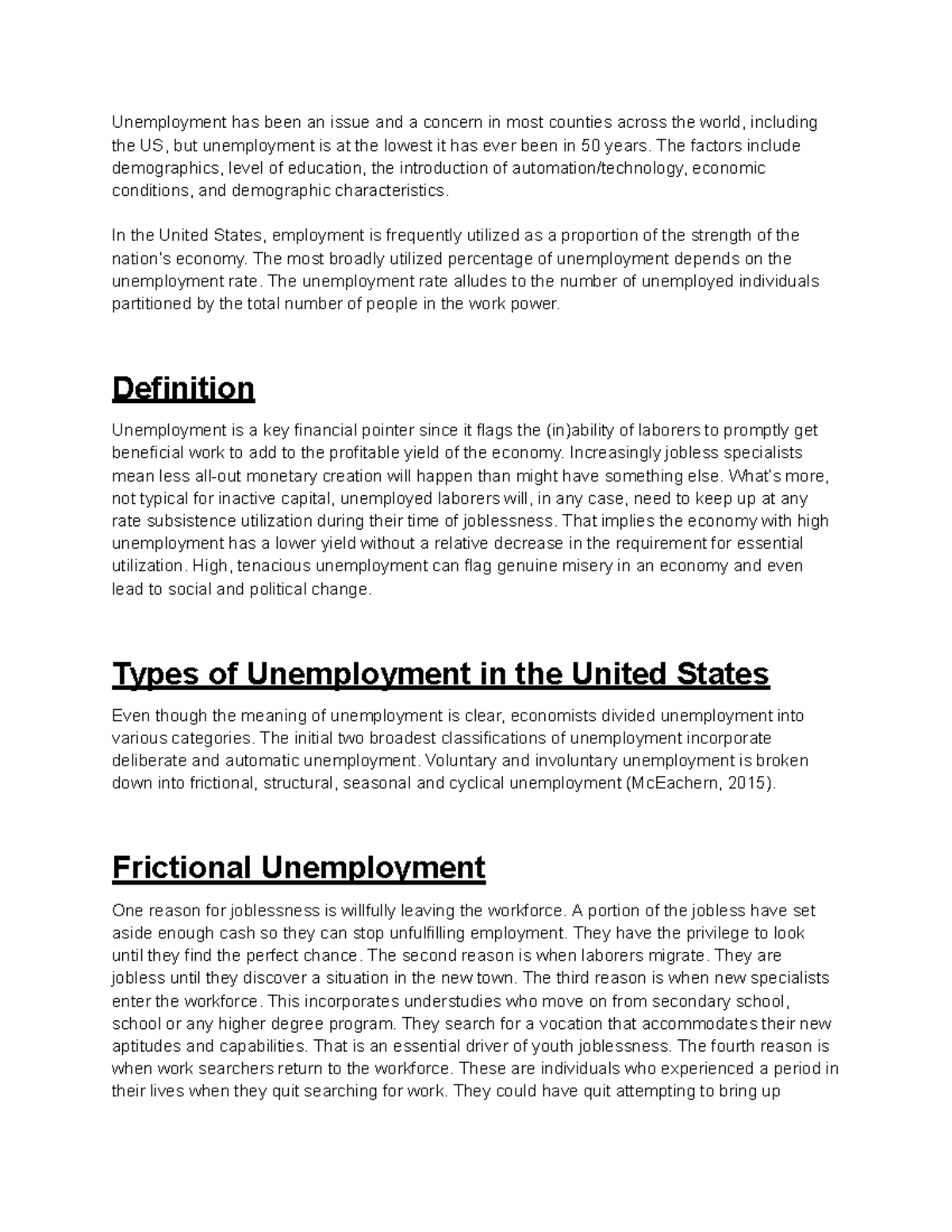 unemployment descriptive essay