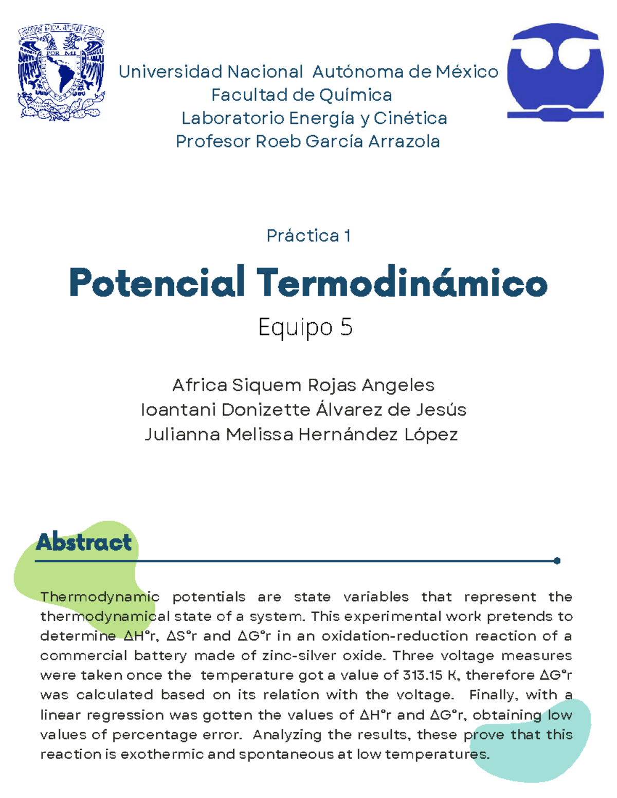 Práctica 1 Potencial termodinámicos Equilibrio y Cinética Abstract