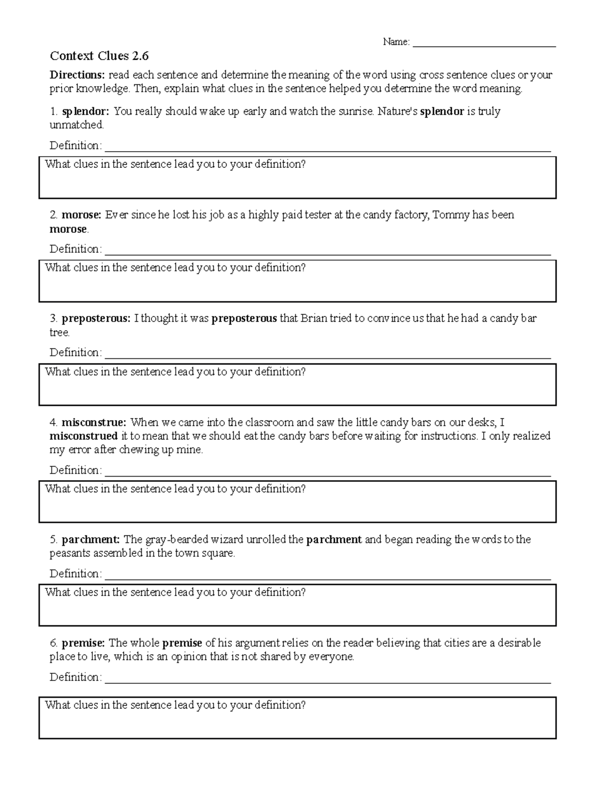 Context clues worksheet 2 6 Name