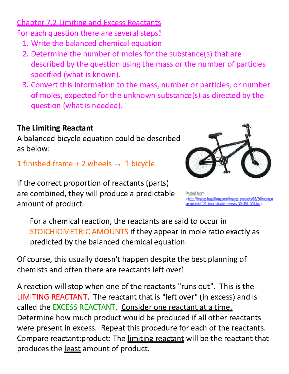 Limiting Reagent - Chapter 7 Limiting and Excess Reactants For each ...