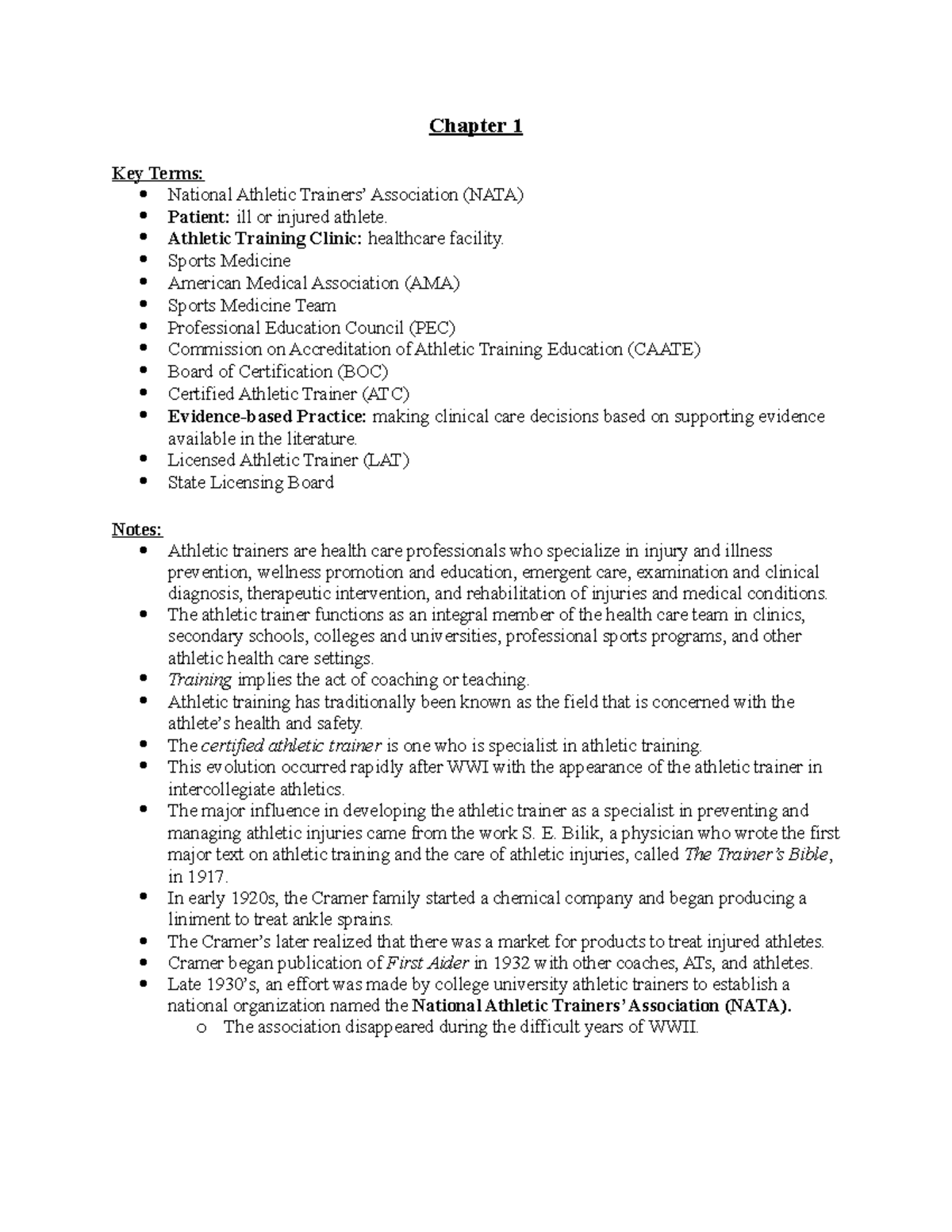 Chapter 1 Chapter 1 Key Terms National Athletic Trainers
