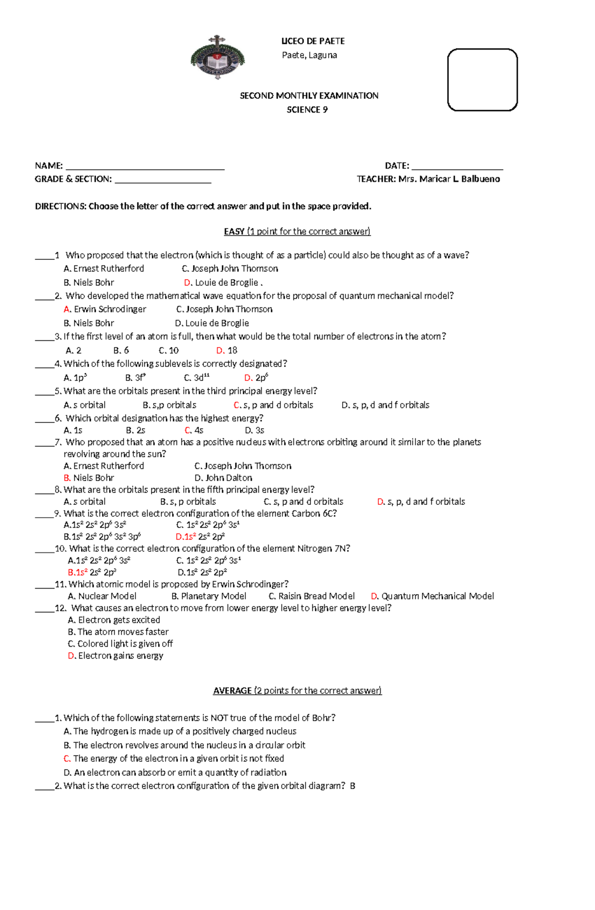 science grade 9 - LICEO DE PAETE Paete, Laguna SECOND MONTHLY ...