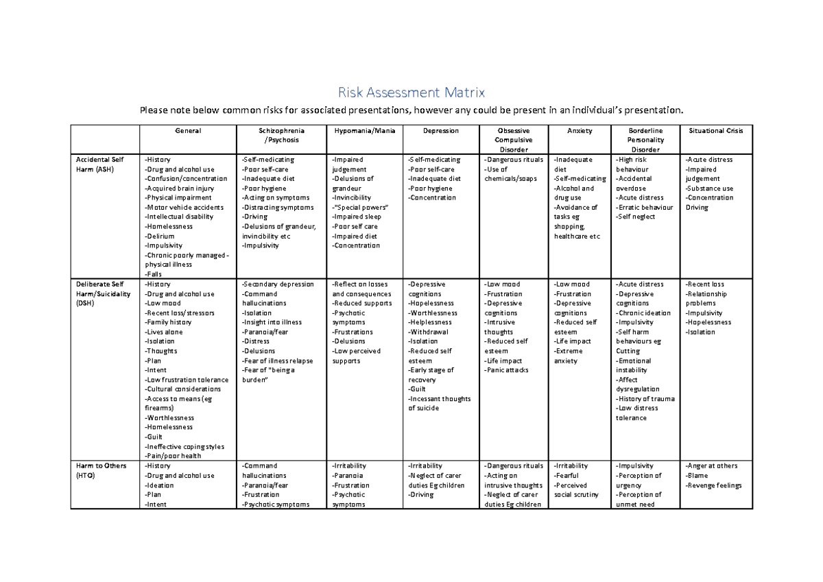 Risk Assessment Matrix - Risk Assessment Matrix Please note below ...