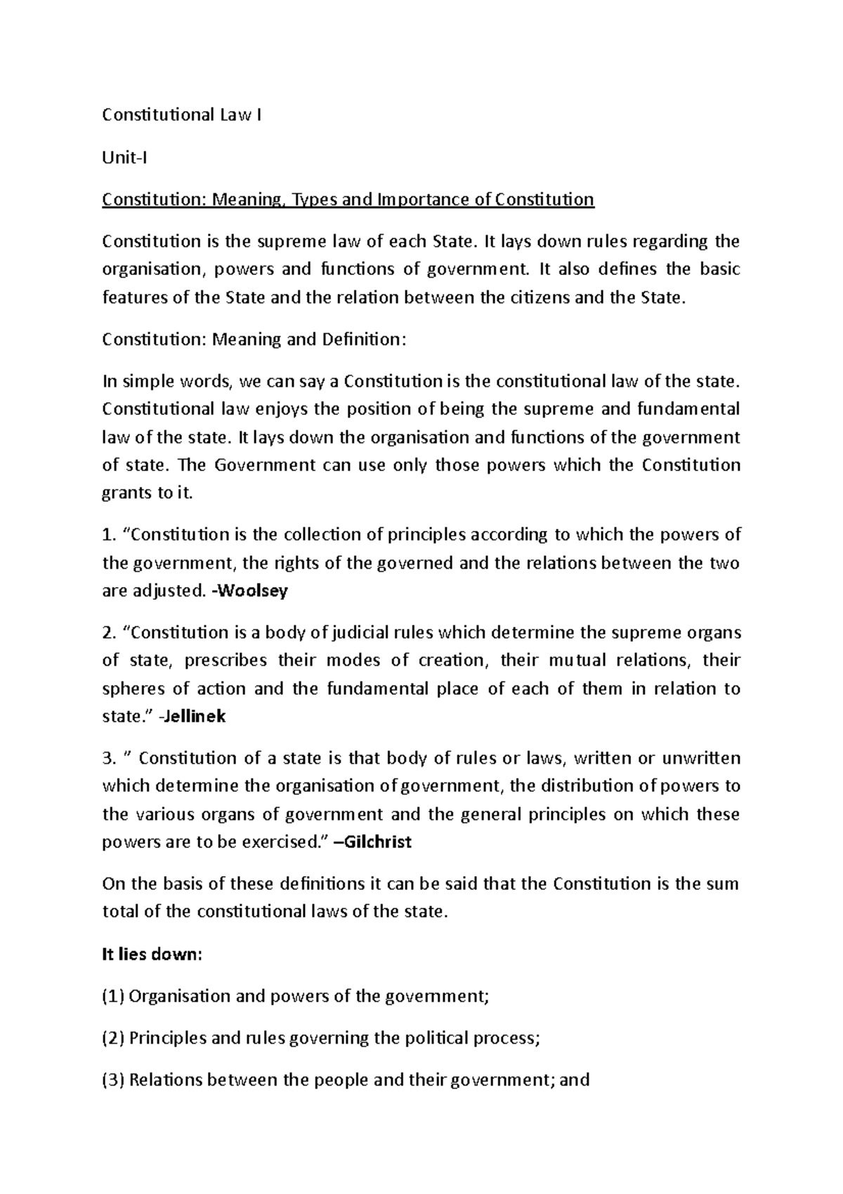 Constitutional Law I - Notes - Constitutional Law I Unit-I Constitution ...