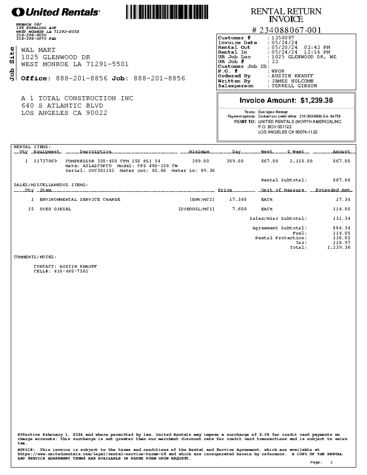Full Return 234088067 - notes o nlt - Invoice Amount: $1,239. Terms ...
