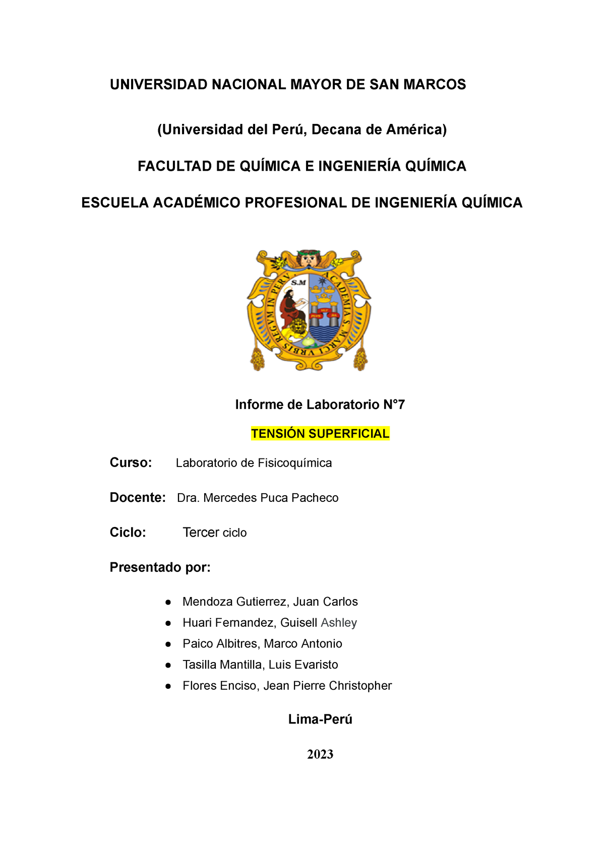 7° Informe De Fisicoquímica 1 Universidad Nacional Mayor De San