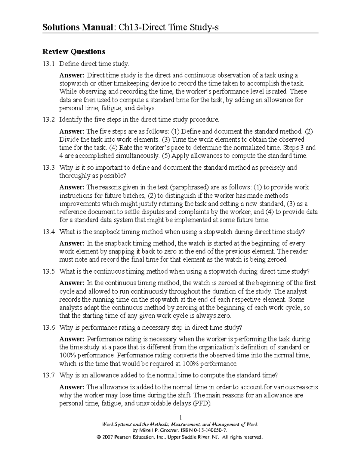 Review solution manual Review Questions 13 Define direct time study