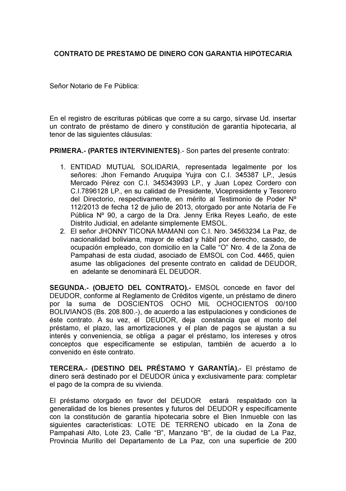 Contrato De Prestamo De Dinero Con Garantia Hipotecaria Contrato De Prestamo De Dinero Con 3853