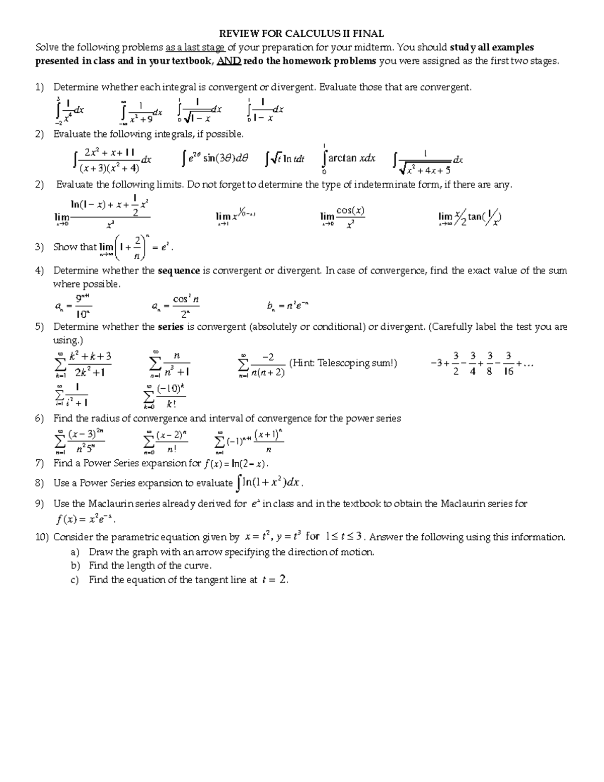 Review For Calculus II Final - Studocu