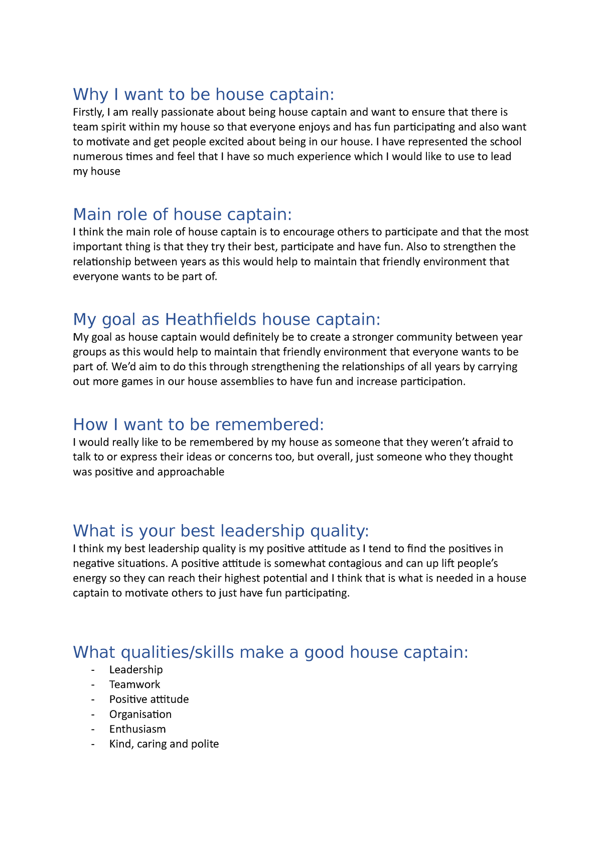 what to write for a house captain speech