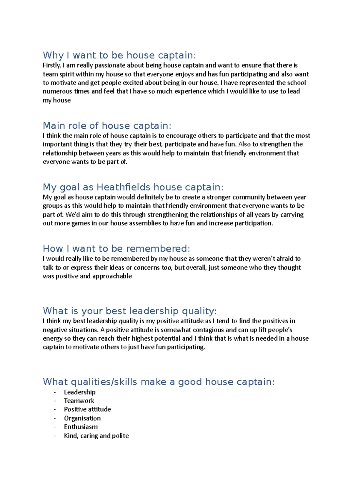 Qualities Of A House Captain