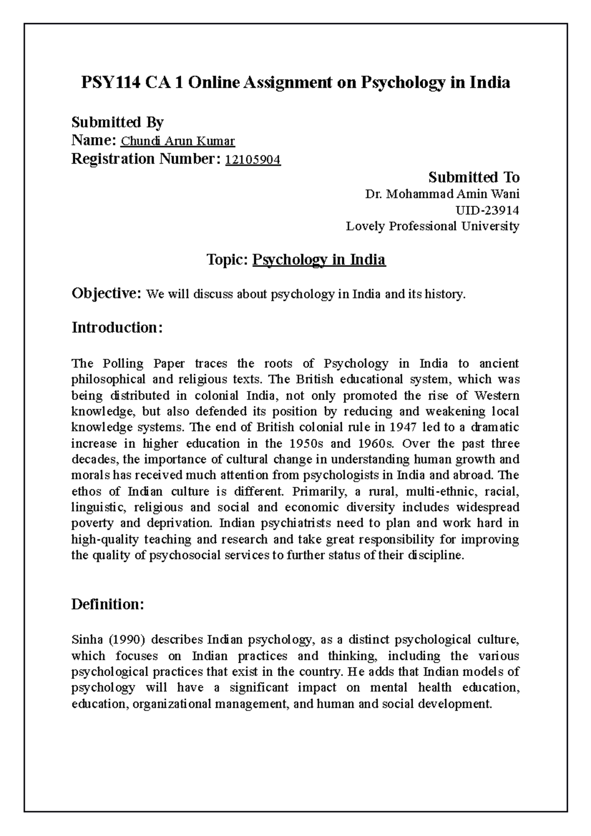 PSY114 CA 1 Indian psychology Psychology LPU Studocu