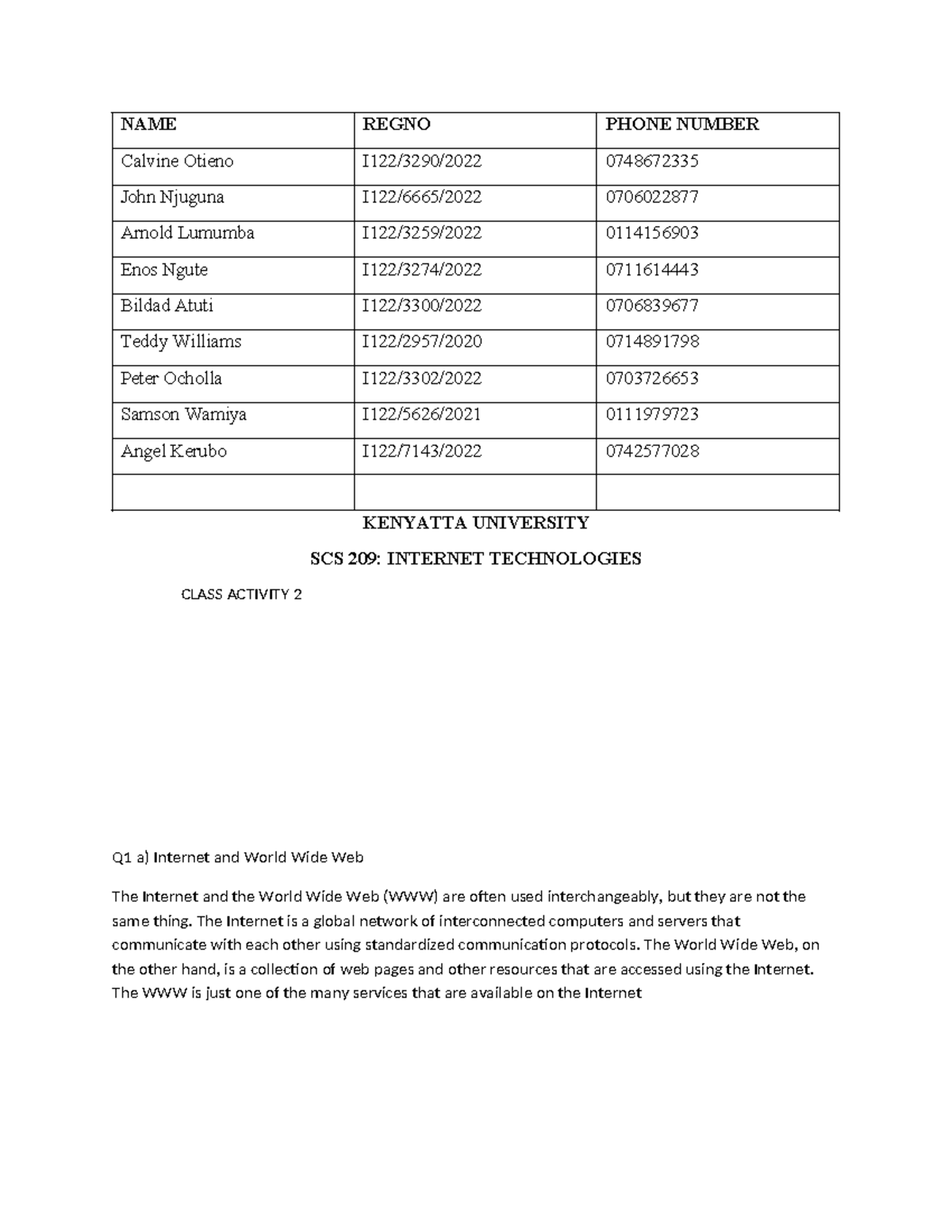 SCS 209 Assignment 2 NAME REGNO PHONE NUMBER Calvine Otieno I122/3290