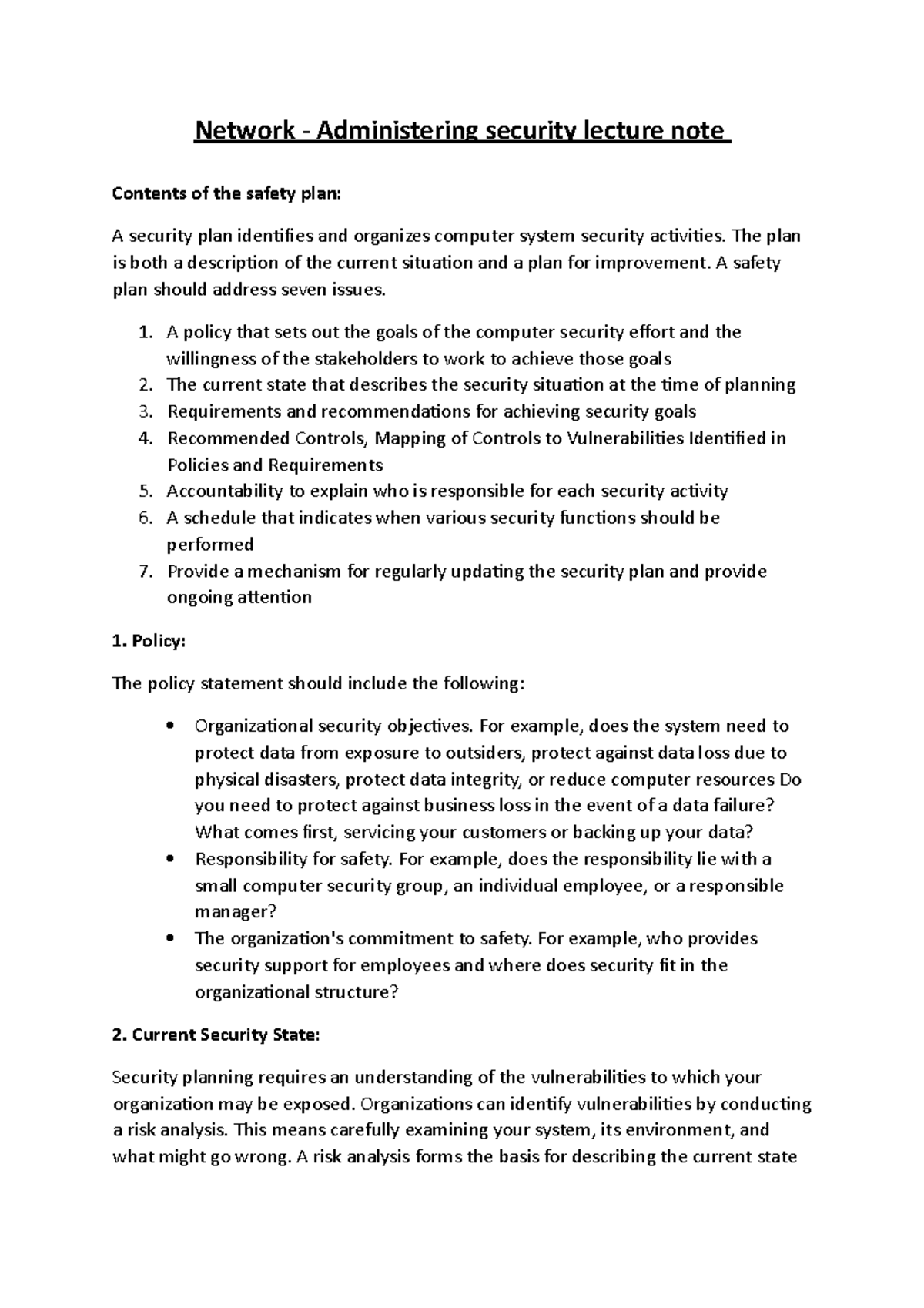 Network - Administering Security Lecture Note - The Plan Is Both A ...