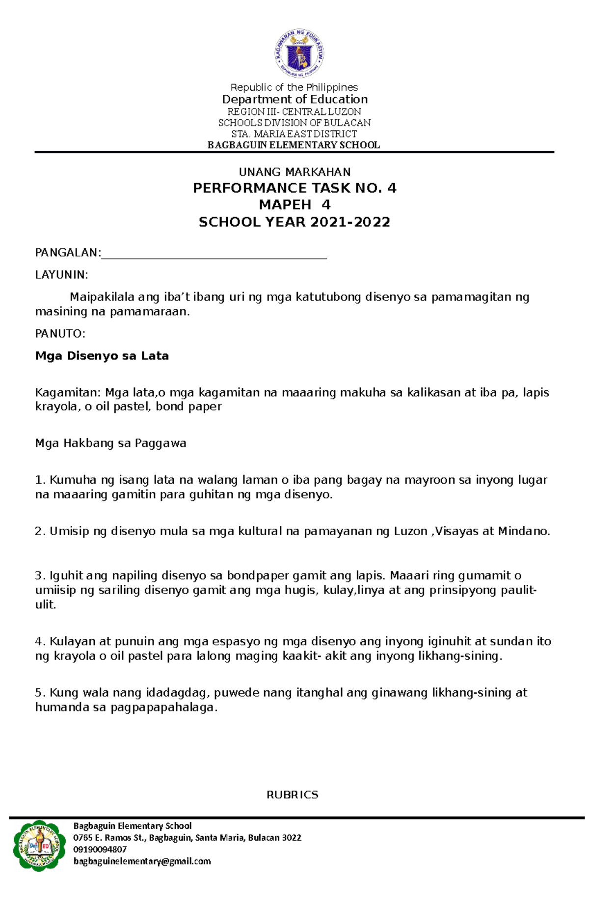 Q1 Mapeh 4 4TH Performance TASK Cristine CAY - Department of Education ...