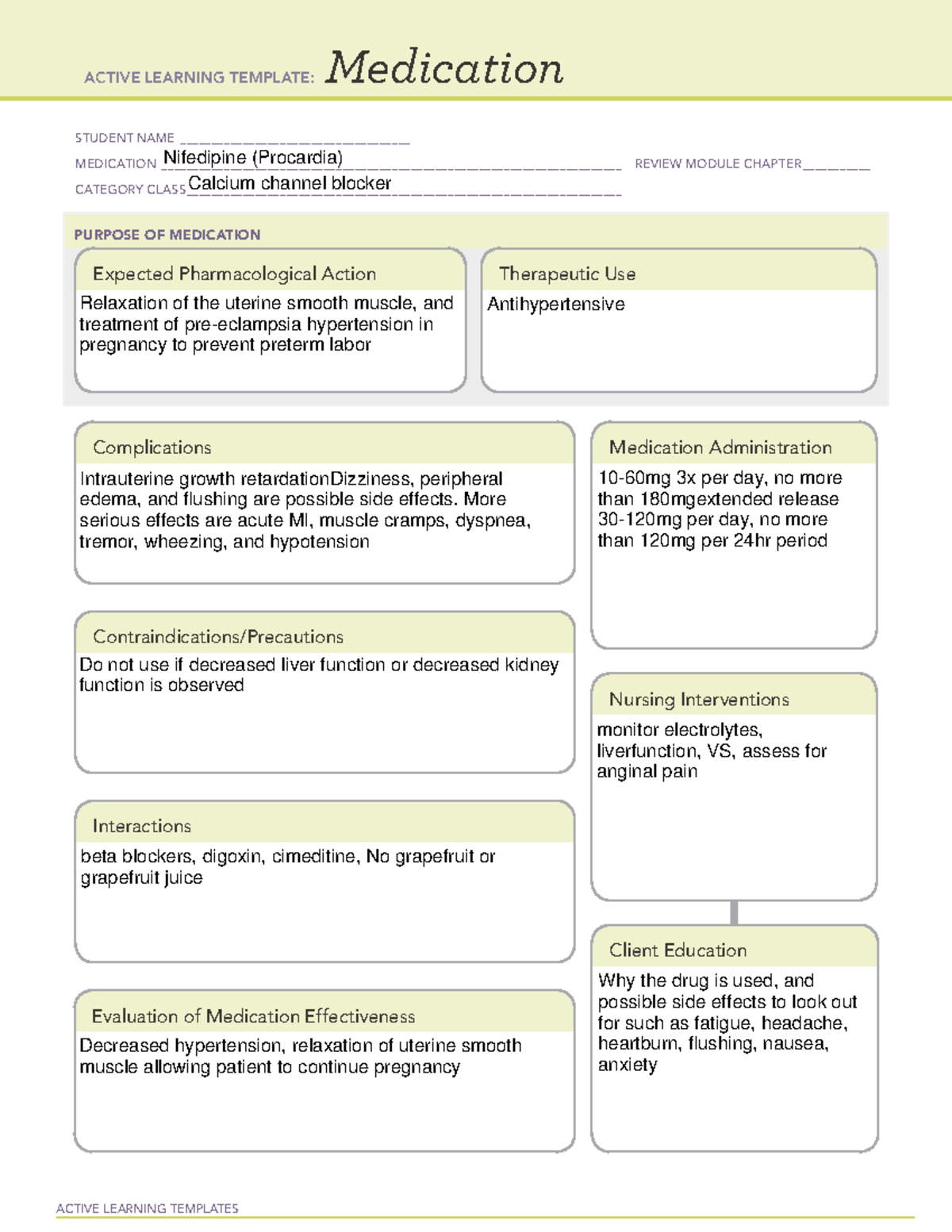 Medication CardNifedipine Pre clinical ACTIVE LEARNING TEMPLATES