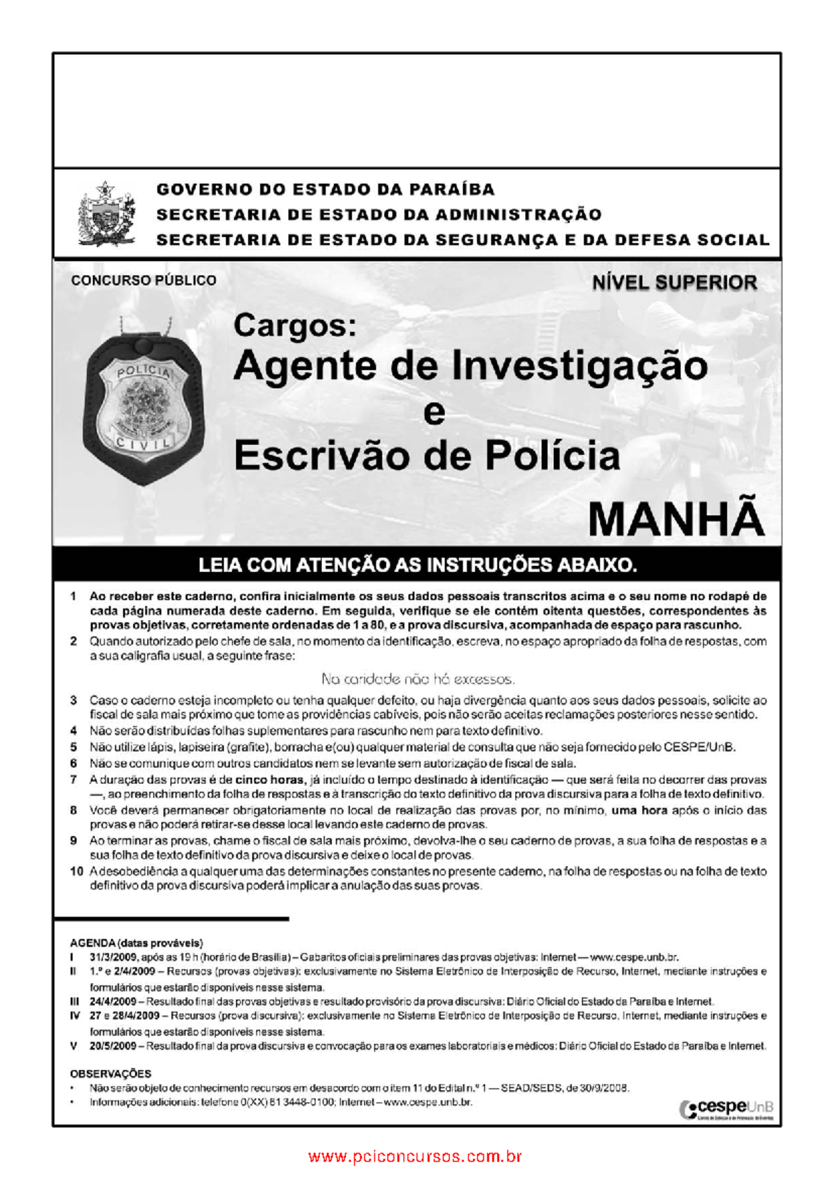 Pcpb08 007 12 - UnB/CESPE – SEAD/SEDS/PCPB Cargos: Agente de ...