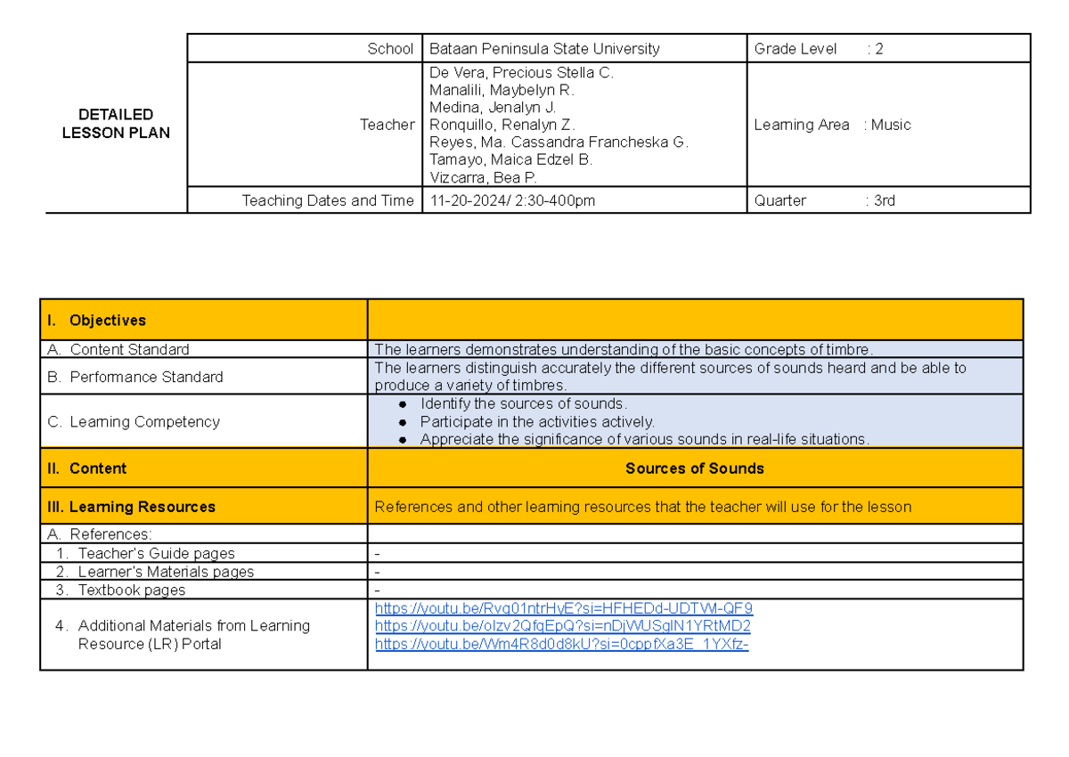 DLP IN Music BY Group 1 - Detail of lesson plan - I. Objectives A ...