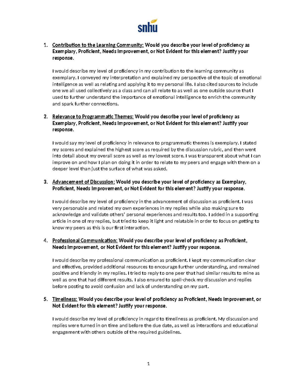 PSY108 12 Activity Discussion Self Assessment Contribution to the