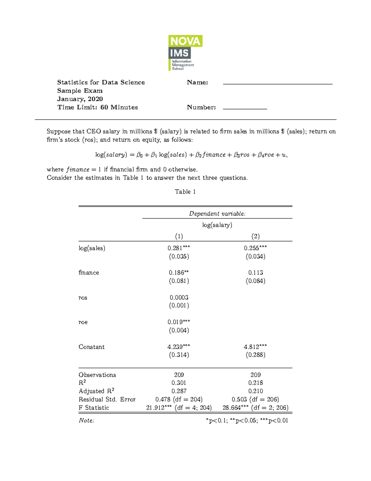 Sample exam 2020 - Exam example questions - Statistics for Data Science ...