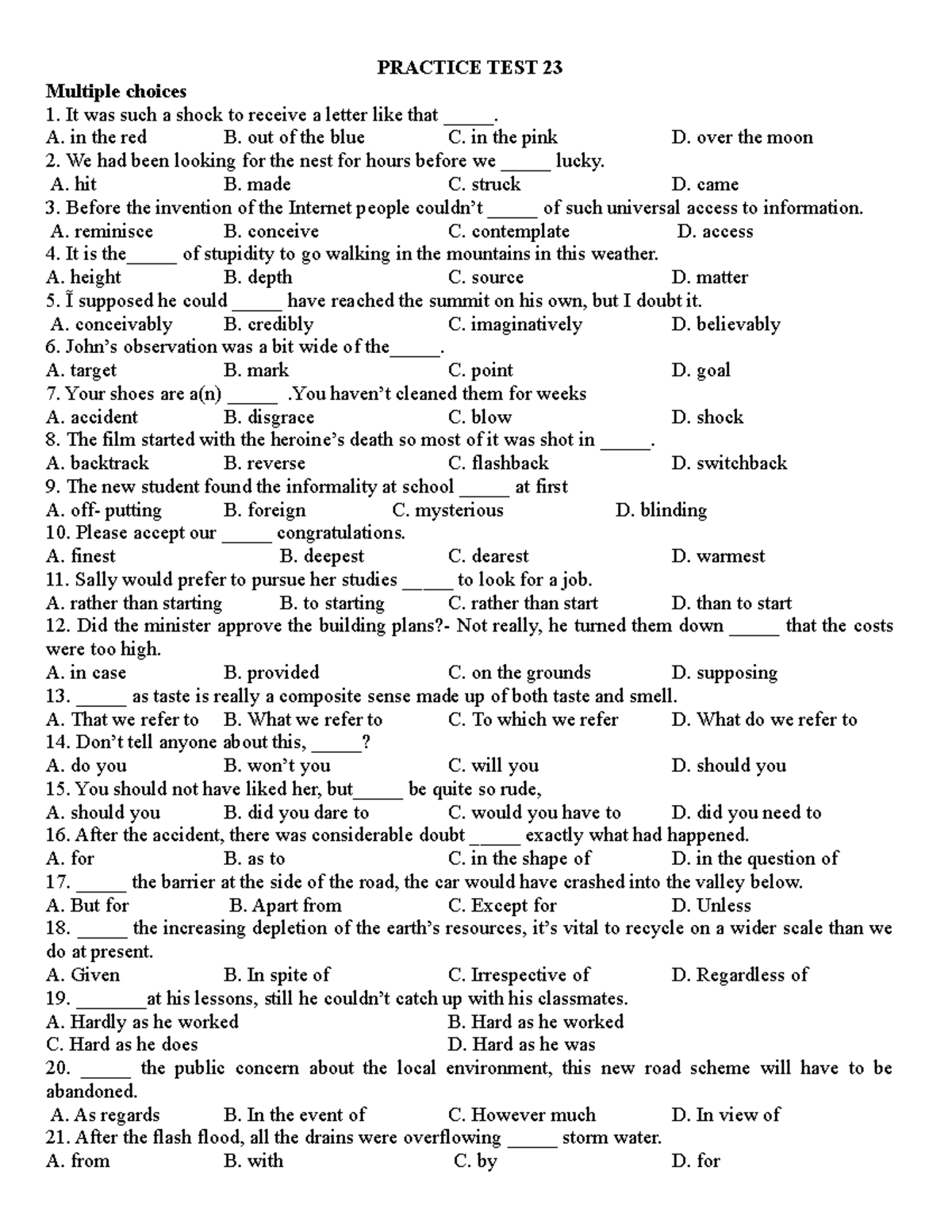 Practice TEST 23 - nokey - PRACTICE TEST 23 Multiple choices It was ...