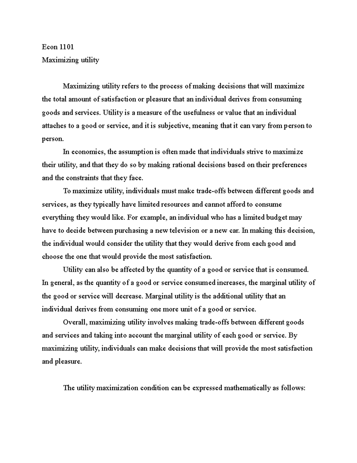 Maximizing utility - ECON 1101 LECTURE NOTES - Econ 1101 Maximizing