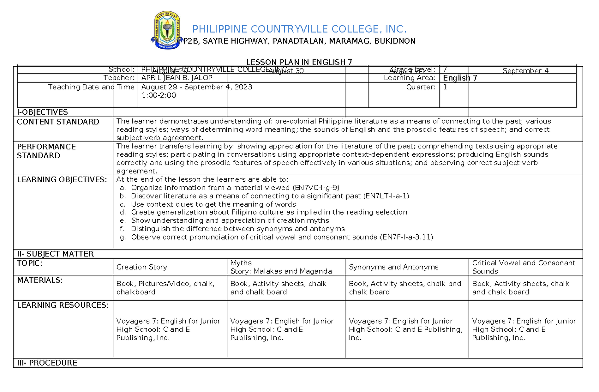 English 7 - PHILIPPINE COUNTRYVILLE COLLEGE, INC. P2B, SAYRE HIGHWAY ...