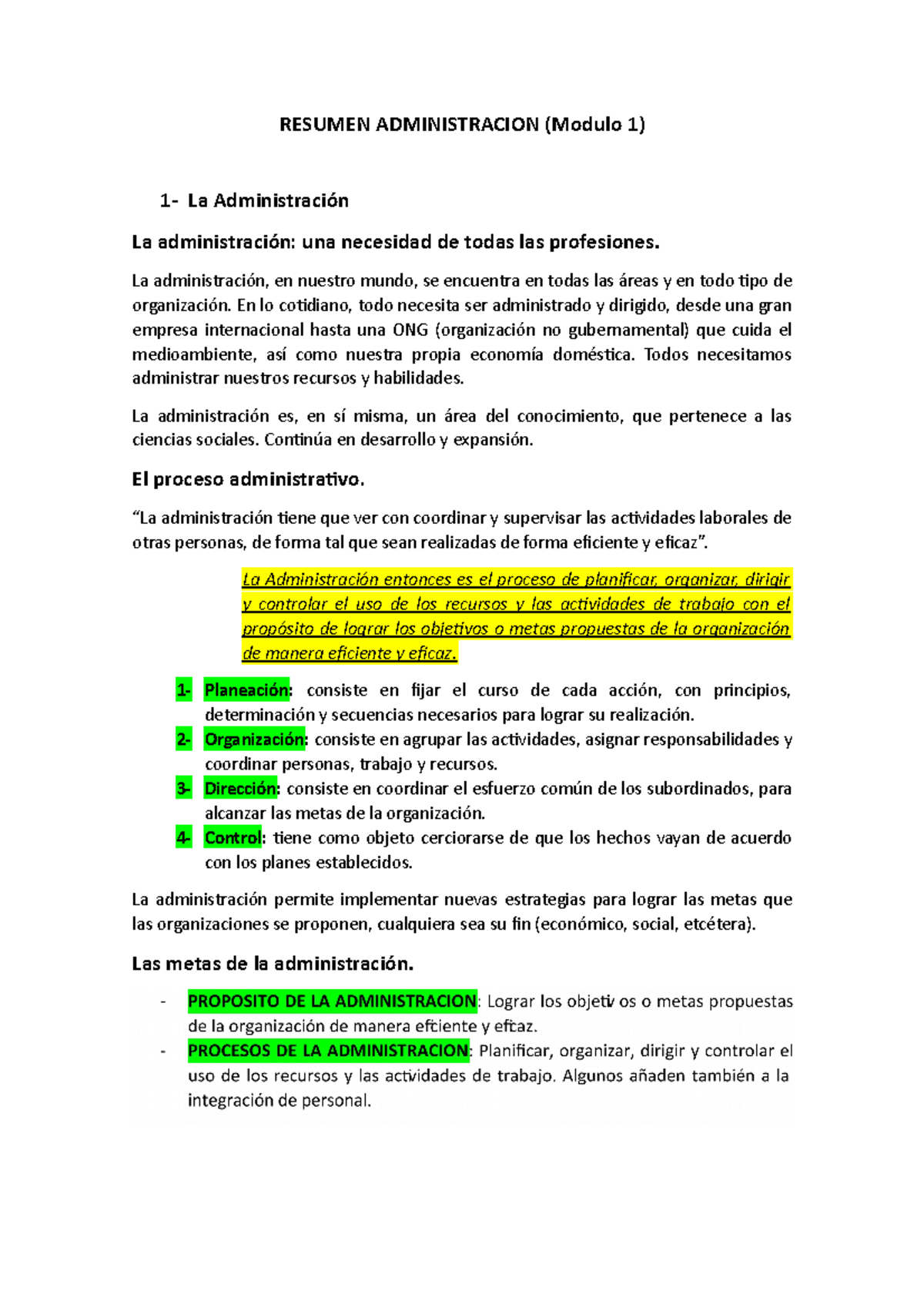 Resumen Administracion - RESUMEN ADMINISTRACION (Modulo 1) 1- La ...