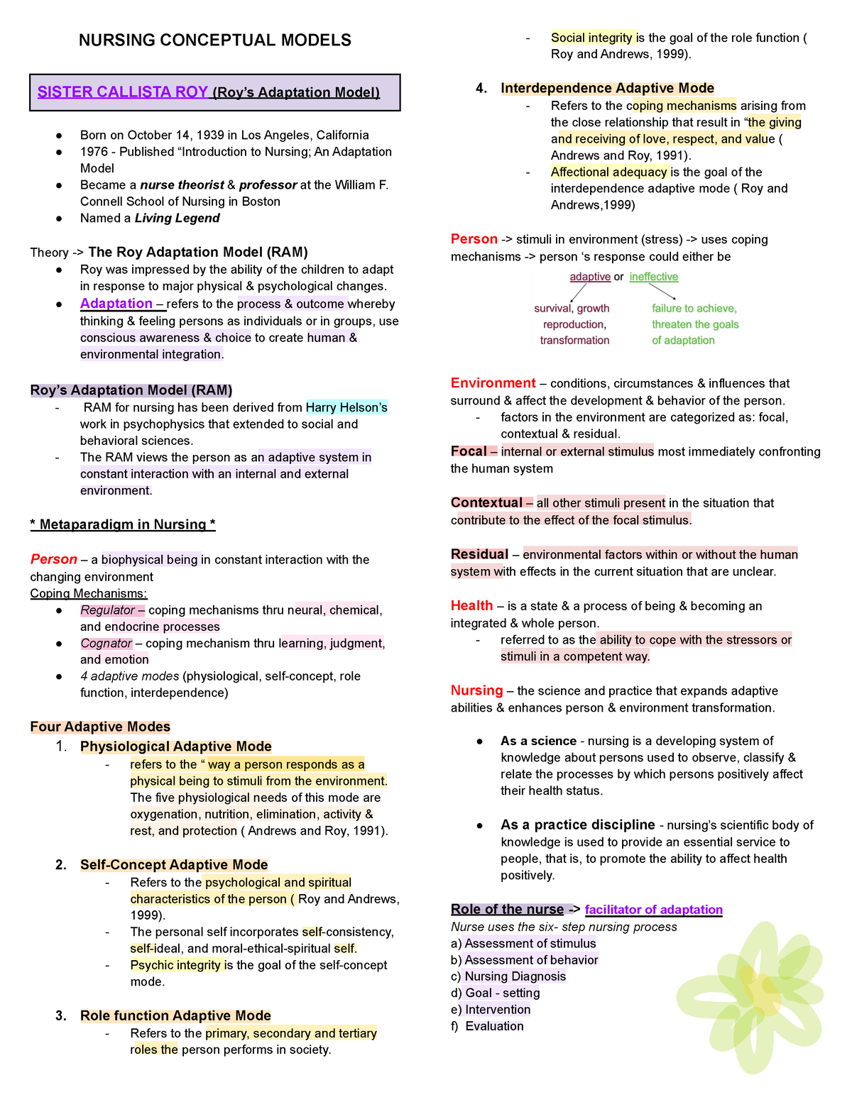 End-Term-TFN - Tfn - NURSING CONCEPTUAL MODELS SISTER CALLISTA ROY (Roy ...