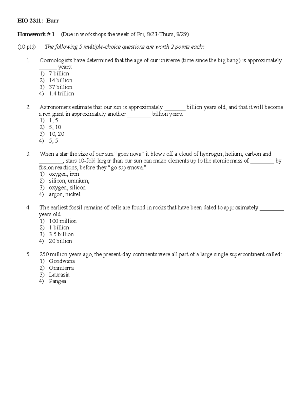 Homework 1 - BIOL 2311 - BIO 2311: Burr Homework # 1 (Due in workshops ...