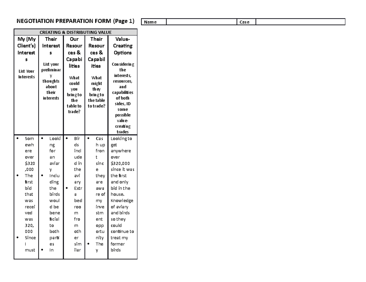 Negotioan Prep form (67 Pond Fish lane) - NEGOTIATION PREPARATION FORM ...