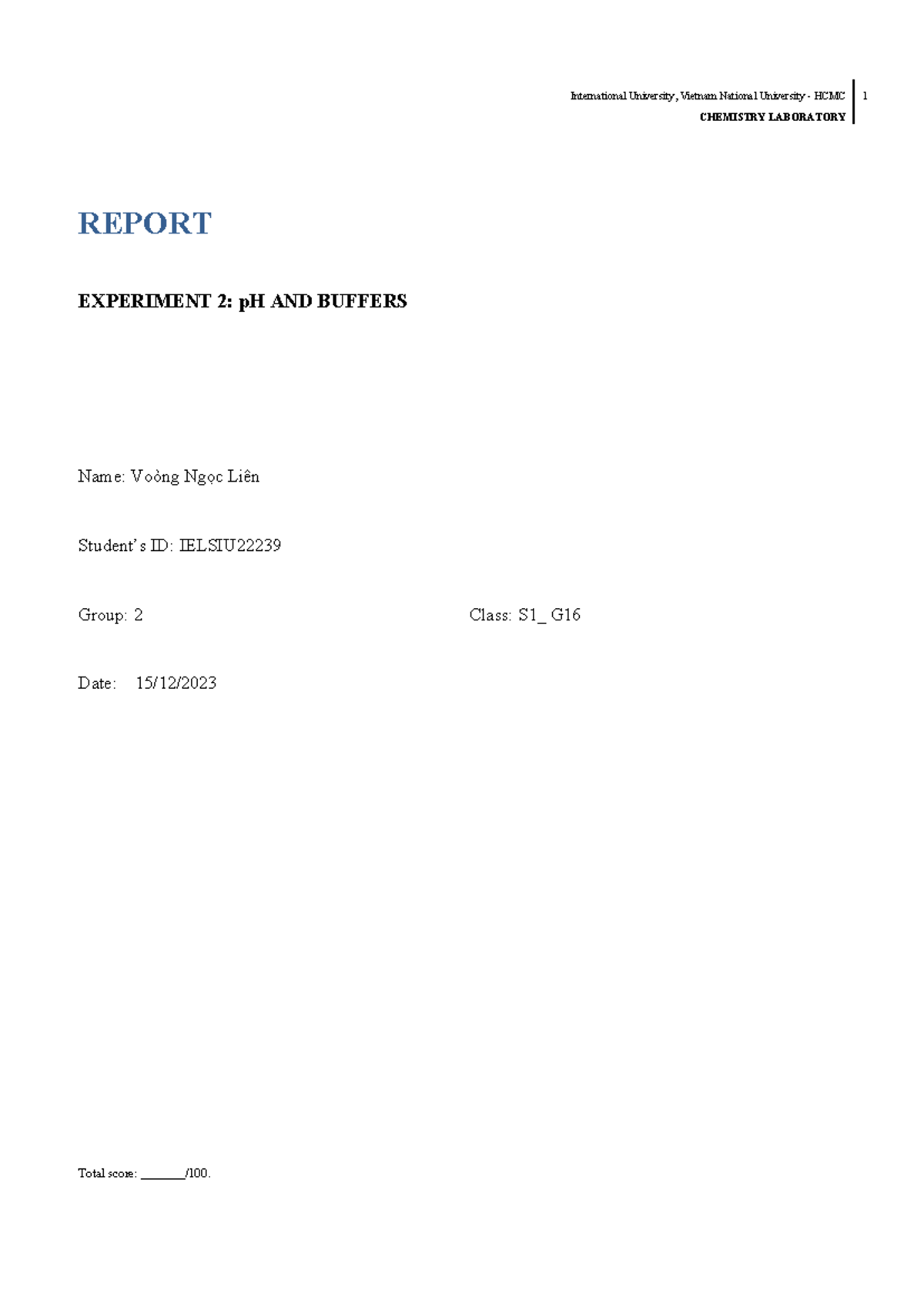 Chemlab report 2 CHEMISTRY LABORATORY REPORT EXPERIMENT 2 pH AND