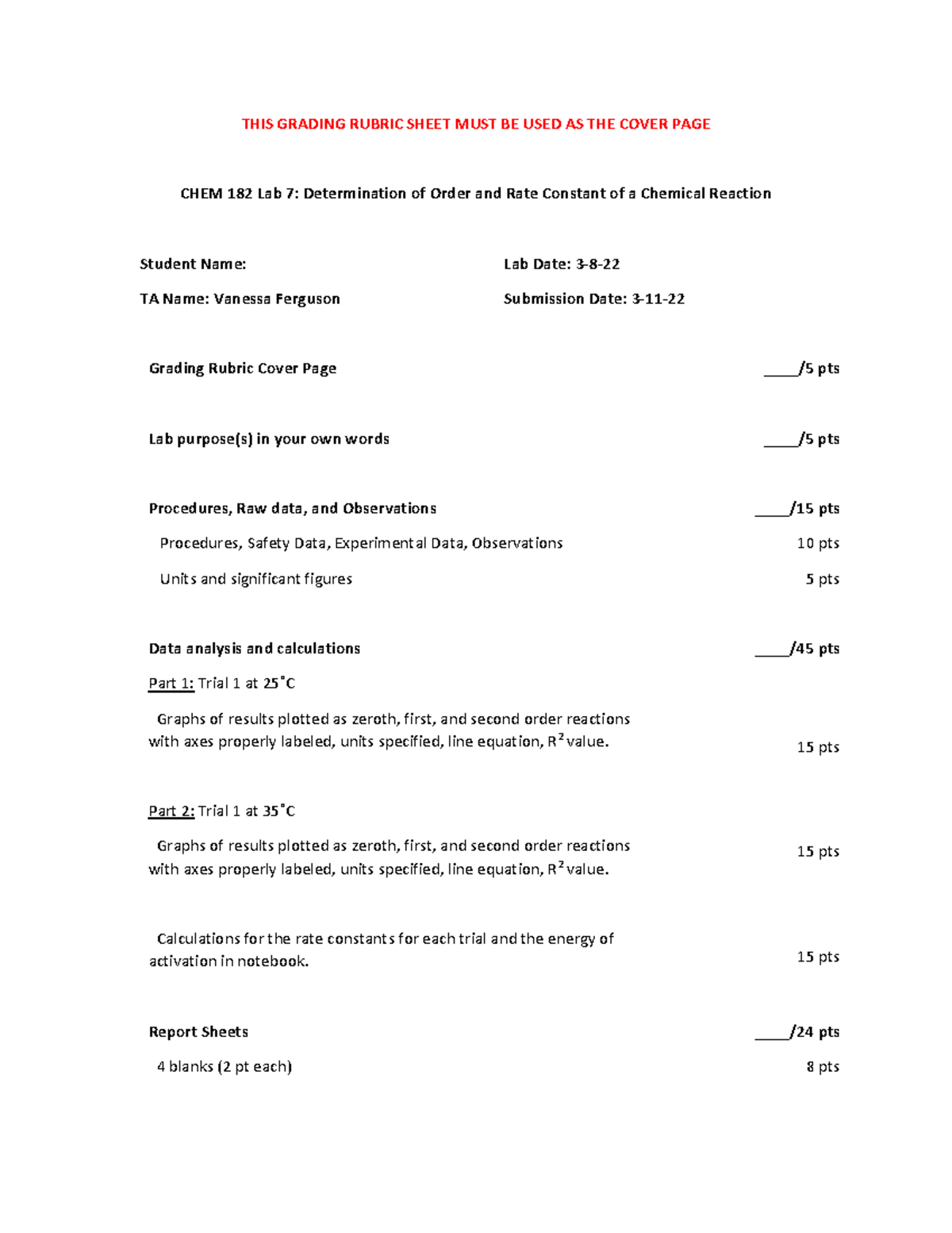 General Chemistry 182 Lab Laboratory 7 Determination Of Order And Rate ...