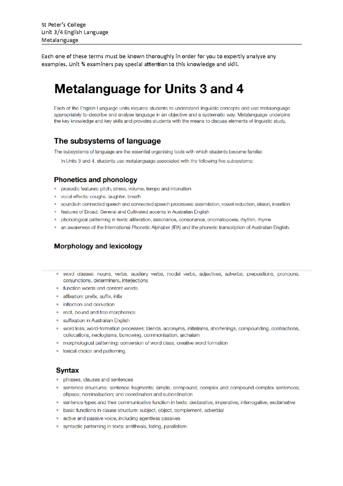 U3 Metalanguage (Study Design) - ENGL 321 - St Peter’s College Unit 3/4 ...