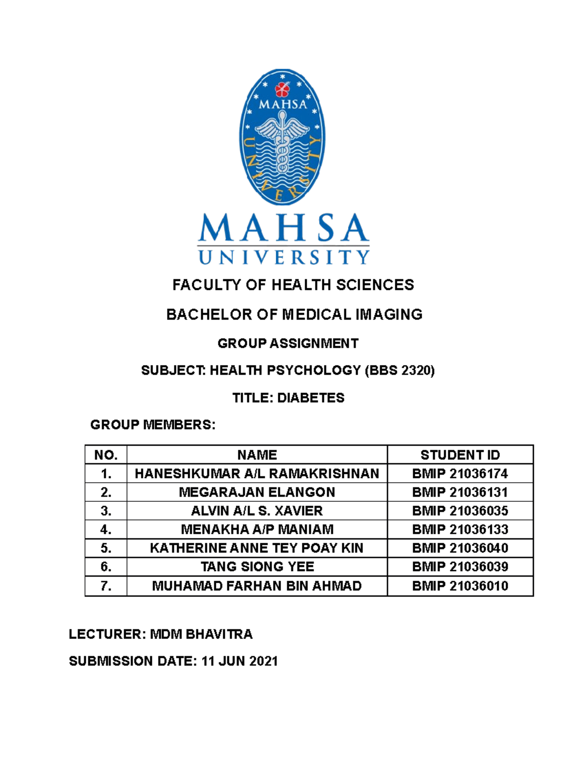 Group Assignment HP (WORD) FACULTY OF HEALTH SCIENCES BACHELOR OF