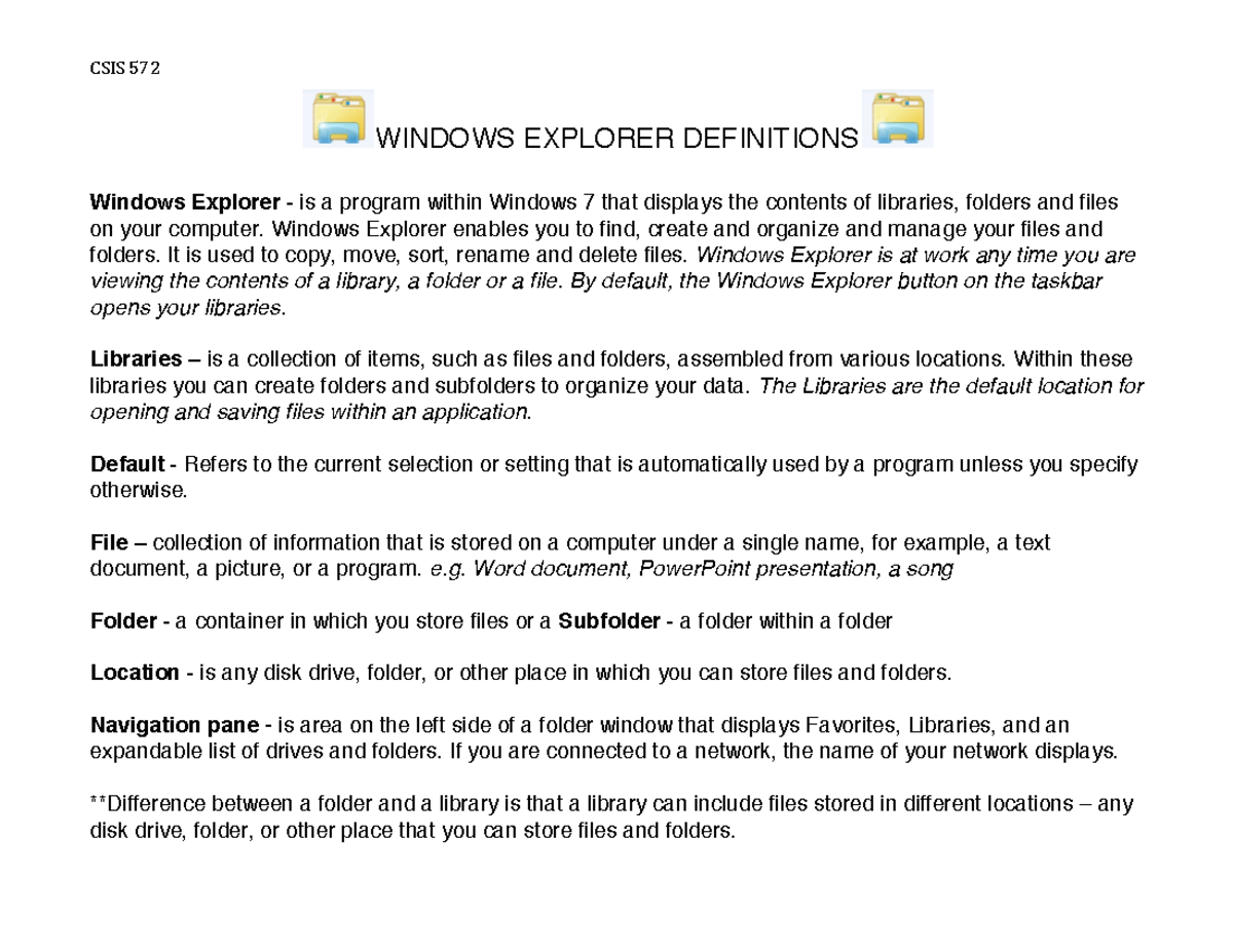 Windows Explorer Elements - CSIS 572 WINDOWS EXPLORER DEFINITIONS ...
