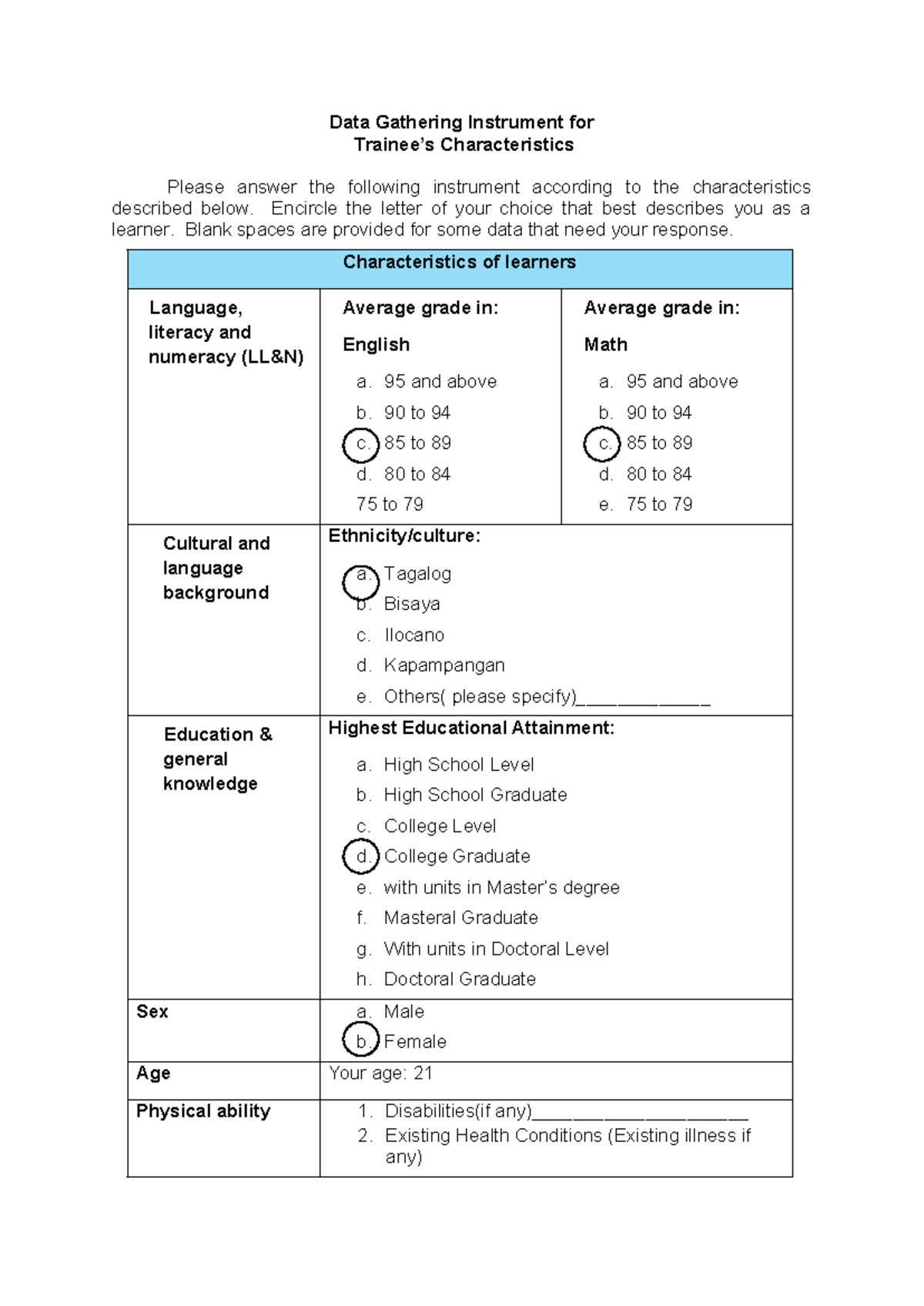 10. Gathering Instrument FOR Trainees Characteristics Angela Data