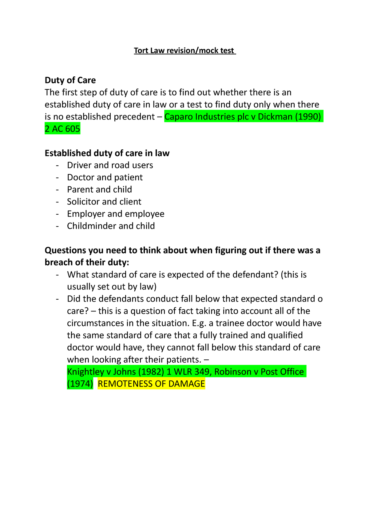 Tort Law Revision Tort Law Revisionmock Test Duty Of Care The First Step Of Duty Of Care Is 8904