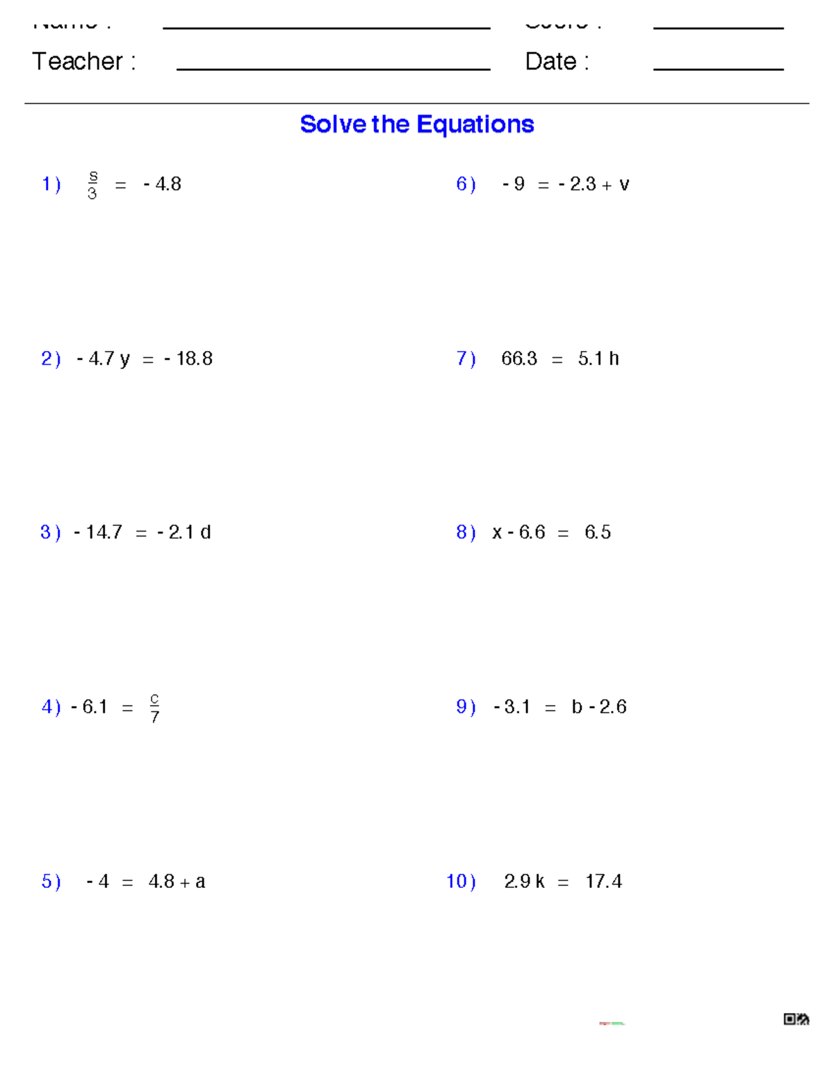 1 simple algebra - math - Name : Teacher : Date : Score : Math-Aids ...