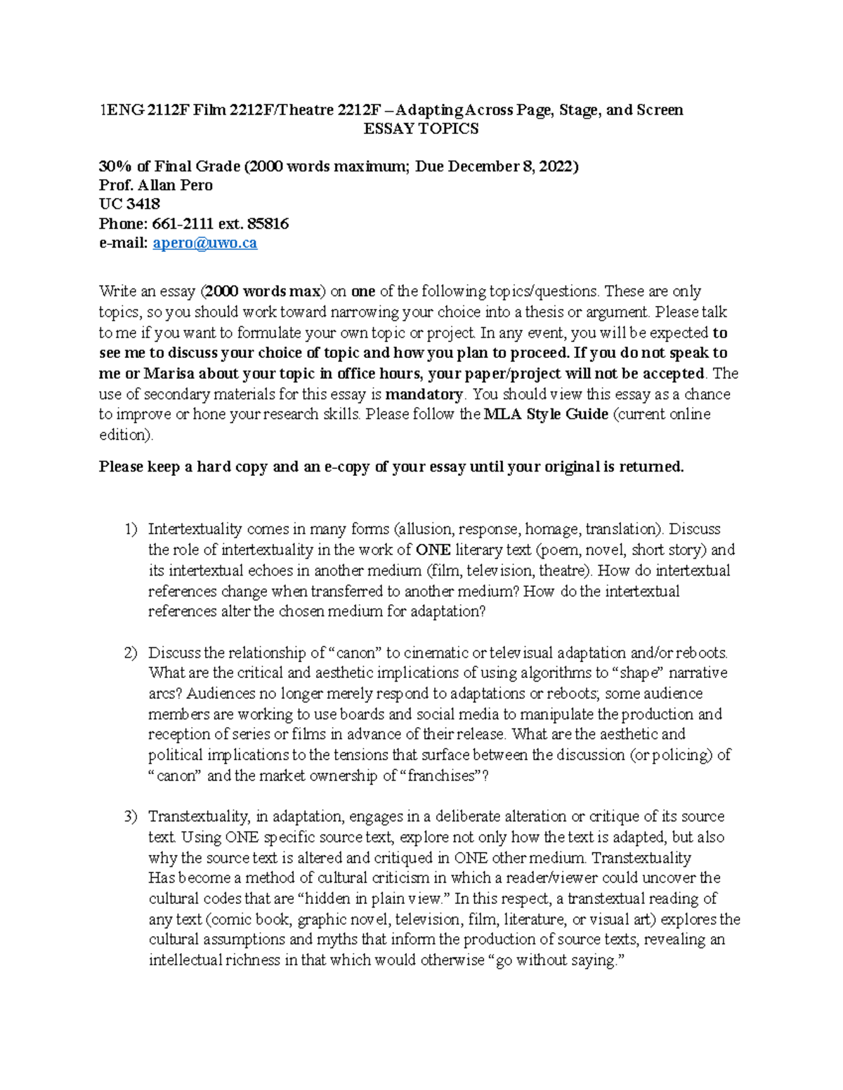 Adaptation Essay Topics 2022 1 ENG 2112F Film 2212F/Theatre 2212F